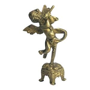 VTG Solid Brass CHERUB FIGURINE 6" Angel Plays Flute Paradigm Pedestal Boy Child